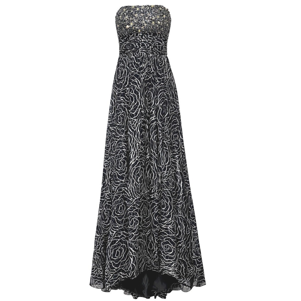 Tony Bowls Evenings Beaded Strapless Gown Black White Rose Print Dress Size 12